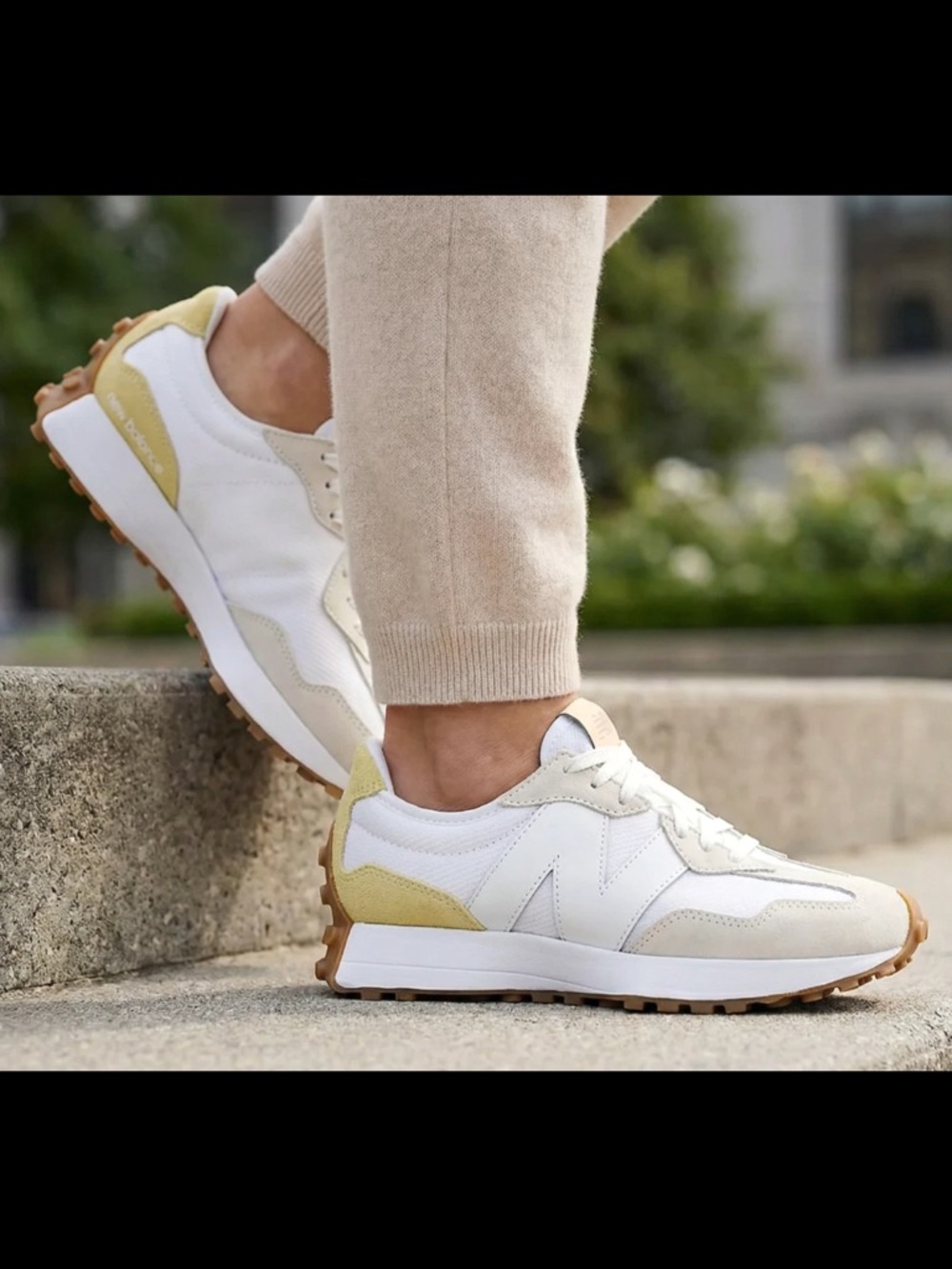 New Balance White and Light Yellow Athletic Sneakers